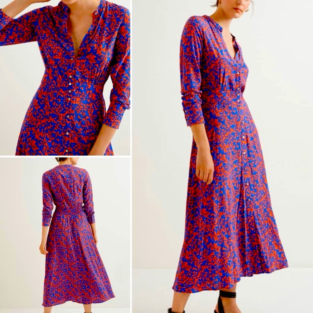 SUNCOO Paris Vibrant Red and Blue Long Sleeve Midi Button Front Dress